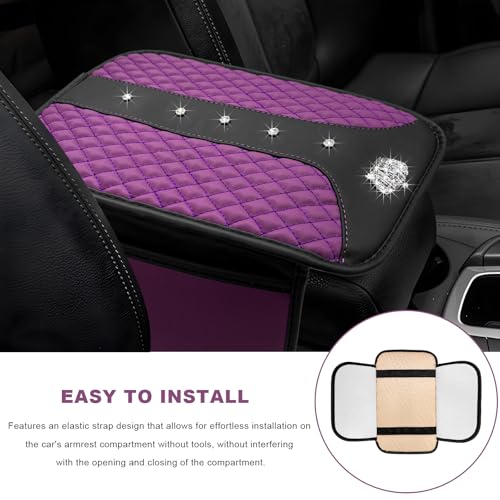 Bling Crown Car Center Console Cover, Crystal Leather Auto Armrest Box Cushion with 2 Storage Bags, Universal Crown Middle Console Cover Arm Rest Protector for Most Vehicles (Purple) - color: Purple