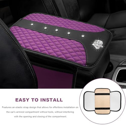 Bling Crown Car Center Console Cover, Crystal Leather Auto Armrest Box Cushion with 2 Storage Bags, Universal Crown Middle Console Cover Arm Rest Protector for Most Vehicles (Purple) - color: Purple