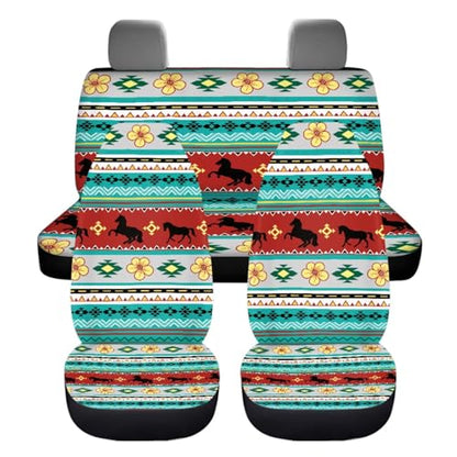Dreaweet Aztec Tribal Horse Car Seat Covers Full Set 12 Pcs,Universal Car Seat Cover with Steering Wheel Cover,Seat Belt Pads,Armrest Cover,Cup Holder Coasters,Handbrake Cover,Gear Shift Knob Cover - color: Aztec Tribal Horse