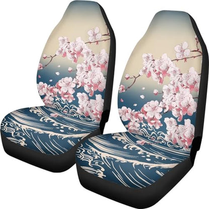 Cherry Blossom Sea Wave Print Car Seat Covers, 2 Pieces Washable Vehicles Front Seat Protectors, Scratch-Resistant Bucket Seat Cover Fits Most Vehicles, Sedans, Trucks, SUVs, Vans - color: Cherry Blossom Sea Wave