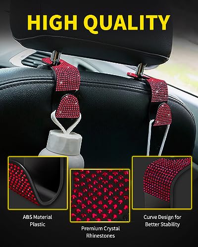 4 Pack Blink Diamond Car Seat Headrest Hooks Crystal Rhinestone Car Purse Holder Universal Interior Accessories for Handbags, Water Bottles, Coats, Umbrellas, Red - color: Red