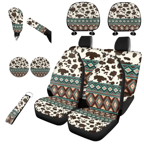 Horeset Southwest Aztec Geometric Cow Print Auto Seat Cover with Headrest Cover,Cup Coasters,Handbrake Cover,Gear Shift Caover and Lanyaeds Key Chain Fit Most Cars for Women Men(11-Piece) - color: Southwest Aztec Geometric Cow Print