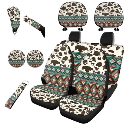 Horeset Southwest Aztec Geometric Cow Print Auto Seat Cover with Headrest Cover,Cup Coasters,Handbrake Cover,Gear Shift Caover and Lanyaeds Key Chain Fit Most Cars for Women Men(11-Piece) - color: Southwest Aztec Geometric Cow Print