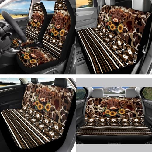 Highland Cow Printed 15 Pcs Car Seat Cover Full Set, Sunflower Aztec Printed Car Accessories Set Front Rear Seat Covers Steering Wheel Cover Seat Belt Covers Car Headrest Cover - color: Brown-Highland Cow Sunflower Aztec