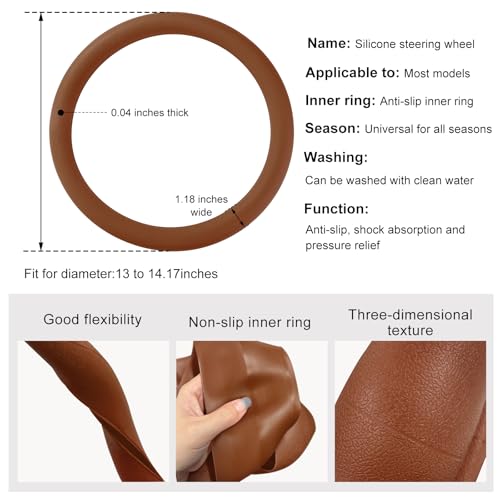 DXNQ Car Steering Wheel Cover, 13 to 14.17 inches Anti-Slip Silicone Steering Wheel Protector, Soft Flexible Shock-Absorbent Steering Wheel Protective Cover for Most Car Models (Brown) - color: Brown