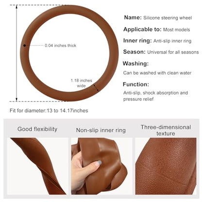 DXNQ Car Steering Wheel Cover, 13 to 14.17 inches Anti-Slip Silicone Steering Wheel Protector, Soft Flexible Shock-Absorbent Steering Wheel Protective Cover for Most Car Models (Brown) - color: Brown