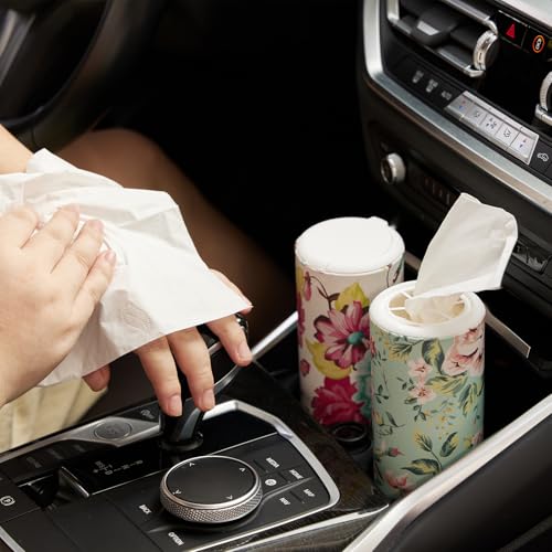 Chic Facial Tissue Holder for Car Cup Holder - Travel Tissue Tubes Box Container (3-ply, 4 Pack, 200 Sheets) - style: Green Floral
