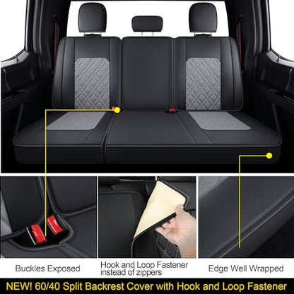 LUCKYMAN CLUB F150 Full-Set Seat Covers J03-Q3 with Waterproof Faux Leather, Fit 2015-2026 Ford F150 and 2017-2026 F250 F350 F450 (Full Set, Black-Gray) - color: Black&Gray, size: Full Set