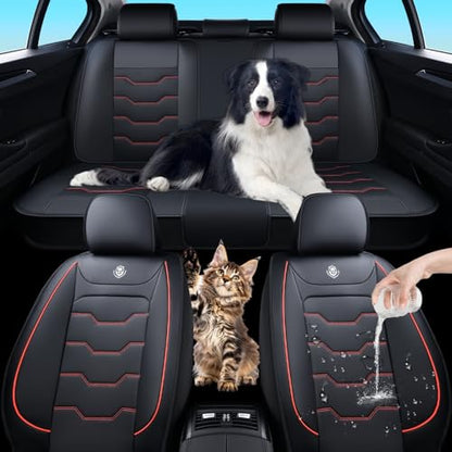 Car Seat Cover Full Set Sets, Universal Car Seat Covers for Cars, Premium Waterproof Leather, Protect & Upgrade Car Interior, Compatible with Airbags, Easy to Install & Clean Up - color: C_Black and Red Edge