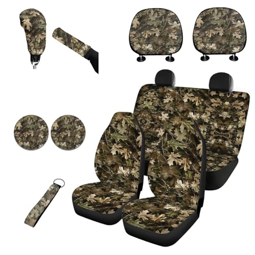 Horeset Hunting in the Forest Front & Rear Car Seat Covers with Lanyards Key Ring Car Cup Coaster Headrest Cover Handbrake and Gear Shift Knob Sleeve Handbrake Set of 11pcs Decor Protector - color: Hunting in the Forest