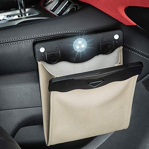 Smart LED Car Trash Can Waterproof Garbage Bag Passenger Side Artificial Leather Storage Pocket Leak Proof Reusable Traveling Portable Offices Toilet Garbage Cans Back Seat Hanging (Beige-1pack) - color: Beige