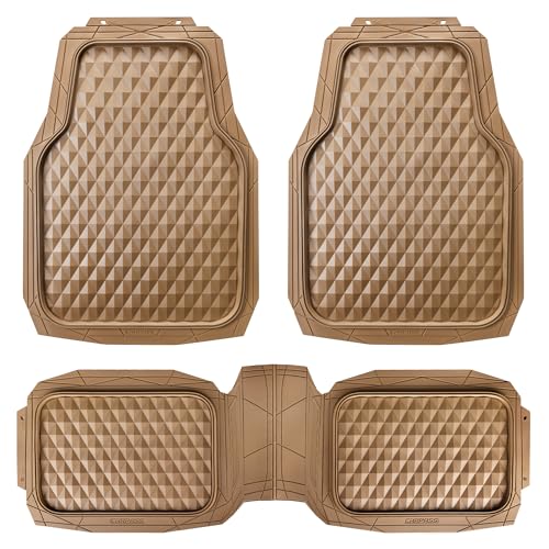 CAR PASS Heavy Duty Rubber Car Mats, Deep Dish All-Weather Floor Mat for Car Full Set Durable Anti-Slip 3D Rhombus Waterproof Trim to Fit Liner Universal Fit Automotive,Sedan,SUV,Truck, 3 Piece Beige - color: light beige