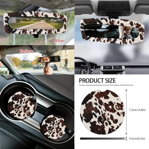 Wanyint Black Brown Cow Print 14 PCS Car Seat Cover Full Set with Steering Wheel Cover Seat Belt Strap Pads Cup Coasters Trash Bag Rearview Mirror Cover Armrest Cover Pad Handbrake Cover Set Car Decor - color: Black Brown Cow Print