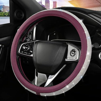 Bling Diamond Leather Steering Wheel Cover, Purple Steering Wheel Covers for Women Girls with Crystal Rhinestones, Universal Fit 14.5"-15" Car Steering Wheel Bling Cover Accessories - color: Purple