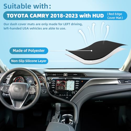 Dashboard Dash Cover Mat for Toyota Camry 2018 2019 2020 2021 2022 2023 (with HUD Models) Polyester Custom Fit Toyota Camry Accessories Dash Cover Red Trim (Camry 2018-2023, Black-Red, HUD) - size: Toyota Camry 2018-2023 HUD