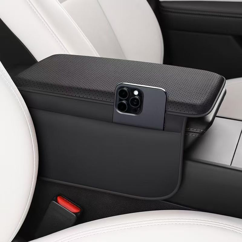Car Armrest Cover for Car, Nappa Leather Center Console Armrest Pad with Side Storage Pockets, Breathable Non-Slip Auto Arm Rest Cushion, Universal Fit for Most Cars Tesla Model Y