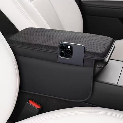 Car Armrest Cover for Car, Nappa Leather Center Console Armrest Pad with Side Storage Pockets, Breathable Non-Slip Auto Arm Rest Cushion, Universal Fit for Most Cars Tesla Model Y
