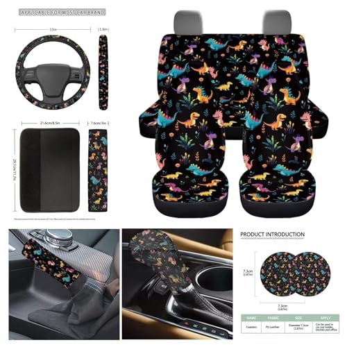 Cute Dinosaur Car Seat Covers Full Set of 11,Car Accessories for Women Men,Steering Wheel Cover+ Handbrake Cover+Seat Belt Pads+PU Car Coaster+Car Seat Towel