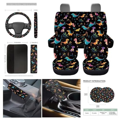 Cute Dinosaur Car Seat Covers Full Set of 11,Car Accessories for Women Men,Steering Wheel Cover+ Handbrake Cover+Seat Belt Pads+PU Car Coaster+Car Seat Towel