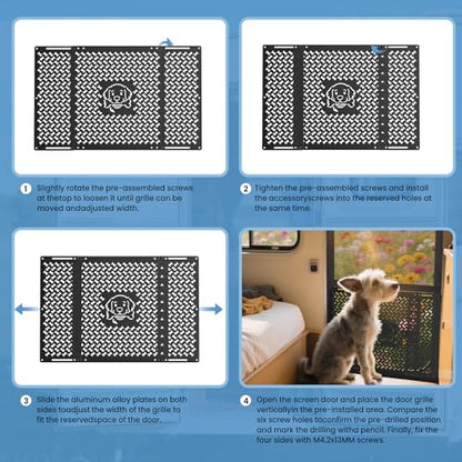 RV Screen Door Protector for Dogs, Adjustable Dog Head and Bone Design RV Entry Door Grille, Heavy-Duty Aluminum, Fits 18.07" to 33.64", Perfect for RV, Camper