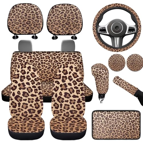 Leopard Print Car Rear Bench Protective Front Seat 12 Pcs Auto Interior Decorations Cup Holder Steering Wheel Covers Set Armrest Pad Cover for SUV Truck Sedan - color: Leopard Print