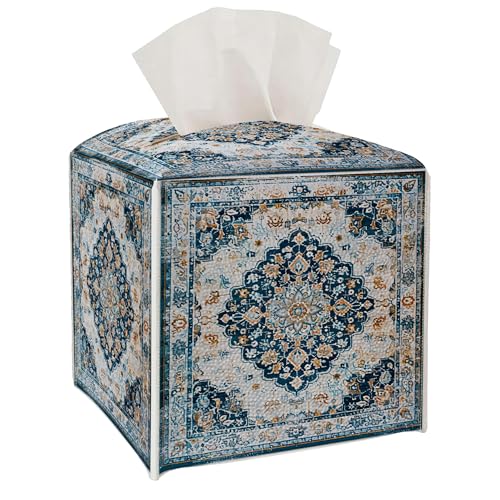 Tissue Box Cover Holder Square - Vintage Boho PU Leather Decorative Organizer, Ethnic Carpet Pattern Design Inspired, with Bottom Belt for Bathroom Car Office Tabletop Home, 5x5 Inch (Blue&White) - color: Blue&white