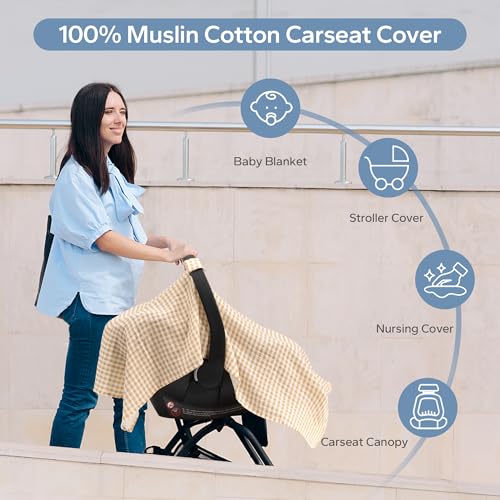 SERAPHY 100% Muslin Cotton Car Seat Covers for Babies, Universal Baby Car Seat Cover, Breathable Muslin Carseat Cover Canopies for Boys and Girls, Soft Infant Car Seat Cover for Summer — Beige - color: Beige