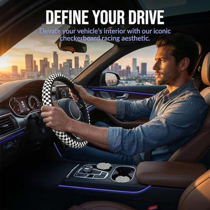 Checkered Steering Wheel Cover Checkered Black and White Steering Wheel Cover Checkereds Anti-Slip Breathable Universal for 14-15 Inch Car with 2 Pieces Car Coasters for Men Women - color: Checkered-Black and White