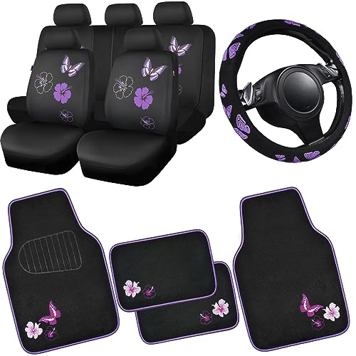 CAR PASS Universal Cloth Butterfly Car Seat Covers Full Set, Embroidered Flower Waterproof Car Floor Mats Carpet, Butterflies Steering Wheel Cover for Car Accessories Interior Sets (Black and Purple) - color: Black and Purple