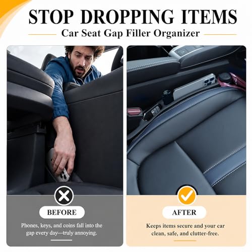 2-Pack Car Seat Gap Filler Compatible with Subaru Outback, Forester, Crosstrek, Ascent & Solterra Accessories, Seat Gap Organizer with Emergency Glass Breaker & 2 Sunglasses Holders, Black
