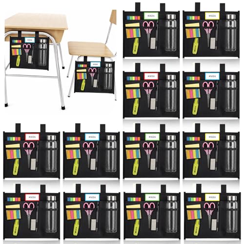 12 Pack Classroom Desk Side Storage Back to School Desk Chair Organizer Pockets with Name Tag Hooks Seat Bags for Classroom Home Back to School Supplies