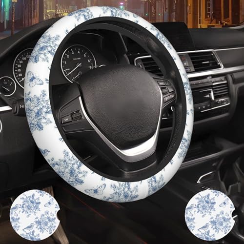 Vintage Blue Flower Car Steering Wheel Cover - color: Vintage Blue Flower