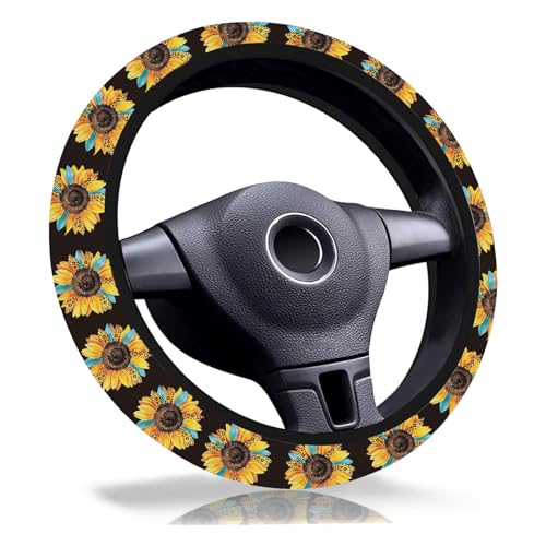Leopard Sunflower Steering Wheel Cover,Non-Slip Breathable Neoprene Steering Wheel Covers,Sunflowers Car Accessories and Car Decor,Sunflower Gifts for Women,Men Universal 15 Inch Fit Auto,SUV,Truck - color: Leopard Sunflower