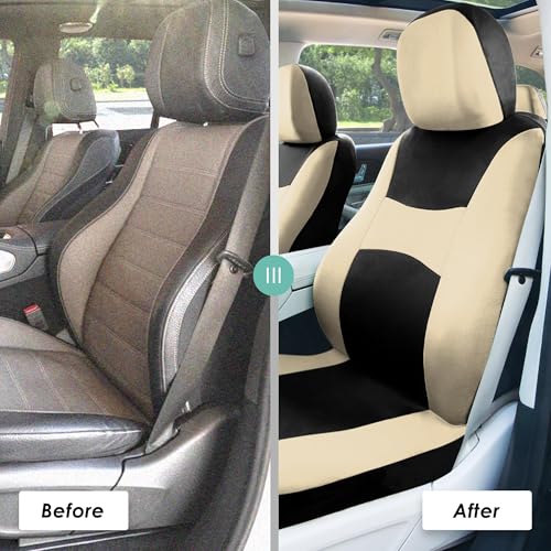 FH Group Light & Breezy Cloth Car Seat Covers, 7 Seater Three Row Set- Airbag & Split Ready -Universal for Cars Trucks and SUVs Beige/Black - color: Beige