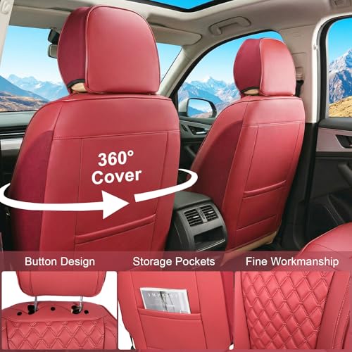 Car Seat Covers Full Set, Red Faux Leather Seat Protectors, Breathable with Lumbar Support, Wear-Resistant Universal Fit for Most Cars Trucks SUV