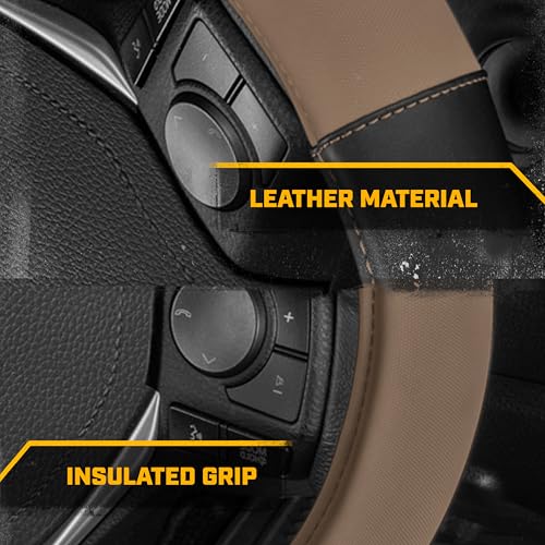 Cat® ErgoDrive Car Steering Wheel Cover with Tan Beige Grip, Black Faux Leather Steering Wheel Cover for Auto Truck Van SUV - Standard 14.5" - 15 Inches - color: Beige/Black, size: Standard (14.5-15")