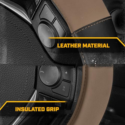 Cat® ErgoDrive Car Steering Wheel Cover with Tan Beige Grip, Black Faux Leather Steering Wheel Cover for Auto Truck Van SUV - Standard 14.5" - 15 Inches - color: Beige/Black, size: Standard (14.5-15")