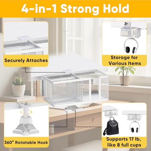 4 in 1 Metal Clip On Cup Holder Attachment for Gaming Desk or Table, Fits up to 40oz Cups, Sturdy and Easy to Clamp, Attachable Anti-Spill Cup Holder for Chair, Bedside, Bottles, Drinks - White - color: Milky White
