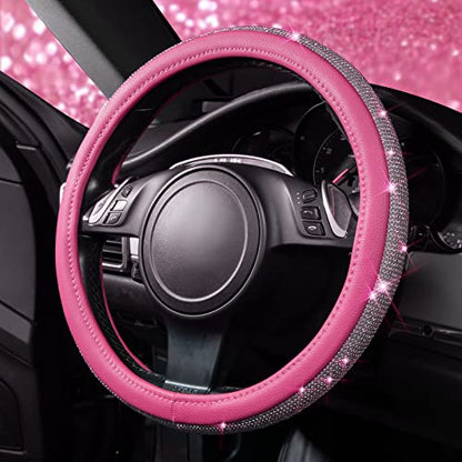 CAR PASS Diamond Pink Leather Steering Wheel Cover, with Bling Crystal Rhinestones Universal Fit 14" 1/2-15" Crystal Glitter for Women Sparkle Girl Fit Suvs,Vans,Sedans,Cars,Trucks, Pink Diamond - color: Pink Leather Diamond