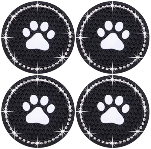 4PCS Bling Car Cup Holder Coaster, Universal Dog/Cat Paw Auto Non-Slip Crystal Rhinestone Cup Holder Coaster, 2.75In Universal Non-Slip Recessed Car Interior Accessories (Black & White) - color: Black & White, size: 4 pcs