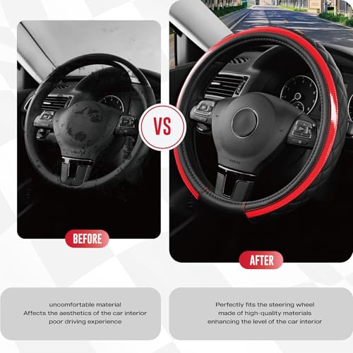 Road Comforts Leather Steering Wheel Cover – Black & Red Universal Fit 14.5-15 Inch, Microfiber Leather, Anti-Slip & Breathable Design for Men and Women - color: Red