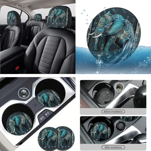 Elephant Printed 15 Pack Car Seat Cover Full Set, Stretchy Car Interior Covers Set Front Rear Seat Protector Seat Belt Pad Steering Wheel Protector Keychain - color: Black and Green-Elephant
