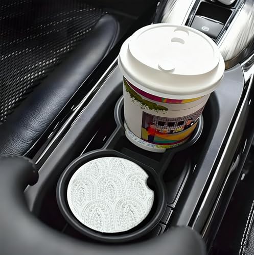 Beige Leaves Car Cup Holder Coasters 2 Pack Boho Absorbent Ceramic Cup Coaster with Cork Base 2.56 Inch Universal Fit for Car Interior Accessories