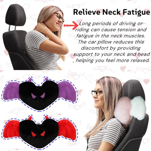 Sexysamba 2 Pcs Heart Shaped Car Headrest Pillow Devil & Angel Wings Neck Pillow Cute Car Seat Decor Neck Support Cushions for Travel Sleeping, Driving, Home, Office, Purple Devil