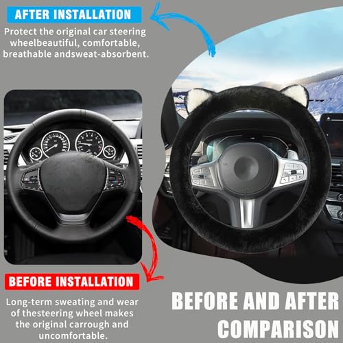 Car Steering Wheel Cover, Cute Steering Wheel Protector with Kitty Cat Ears,Fluffy Soft Plush for Winter Warm, Universal Fit 15 inches for Car,SUV, Elastic & Anti-Slip (Black) - color: Black