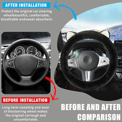 Car Steering Wheel Cover, Cute Steering Wheel Protector with Kitty Cat Ears,Fluffy Soft Plush for Winter Warm, Universal Fit 15 inches for Car,SUV, Elastic & Anti-Slip (Black) - color: Black