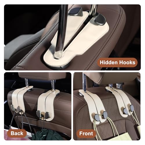 CoBak Headrest Hooks for Car - Universal Premium Stitched Leather and Aluminum-Magnesium Alloy Double Car Seat Back Storage Hook for Purses, Handbags, Bags (2 Pack),Beige