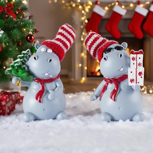 2-Piece Funny Christmas Hippo Ornaments Hippopotamus Gifts Resin Hippo Figurines for Indoor Tabletop Christmas Decorations Holiday Home Decor, Ideal Xmas Gift for Family & Friends