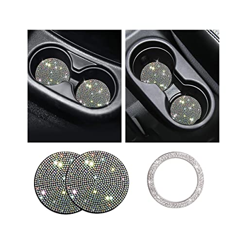 Ziciner 2 Pack Bling Car Cup Holder Coaster, Anti-Slip Auto Insert Coaster with Start Stop Button Cover, Universal Shiny Crystal Vehicle Interior Accessories for Women and Girls (AB) - color: Ab, size: 2 Coaster+Start Button Cover