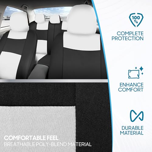 BDK PolyPro Car Seat Covers Full Set in White on Black, Front and Rear Split Bench Seat Covers for Cars, Easy to Install Car Seats Cover Set and Accessories for Auto Trucks Van SUV - White - color: White